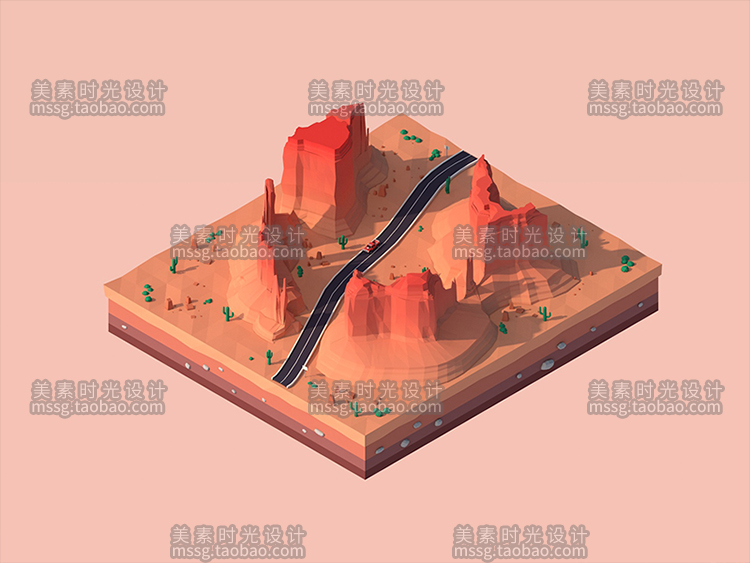 【卡通场景】卡通低面红山沙漠公路场景C4D模型素材