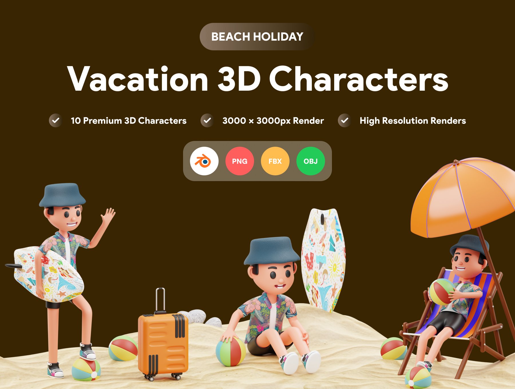三维渲染假期旅行海滩度假主题卡通人物插画素材 Vacation 3D Character Illustration